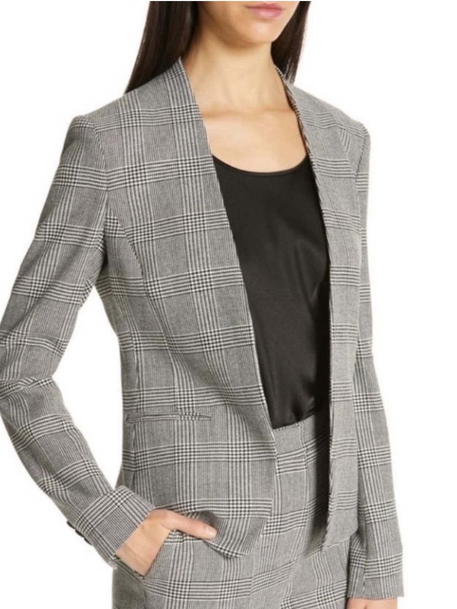 Boss Hugo Boss Jalesta Blazer Womens 12 Black White Glen Plaid Collarless Jacket